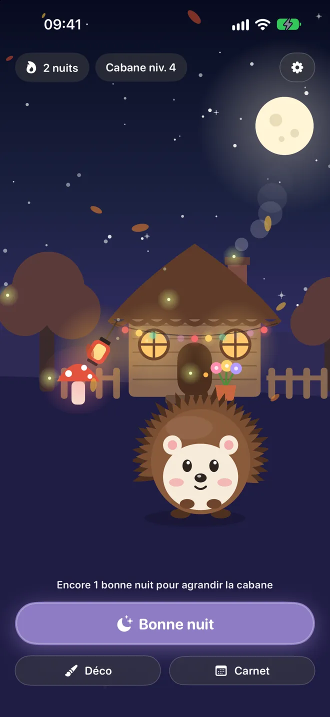La cabane de Noisette le soir, avec le bouton Bonne nuit